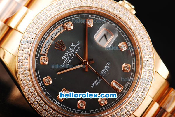 Rolex Day Date II Automatic Movement Full Rose Gold with Double Row Diamond Bezel-Diamond Markers and Black MOP Dial - Click Image to Close